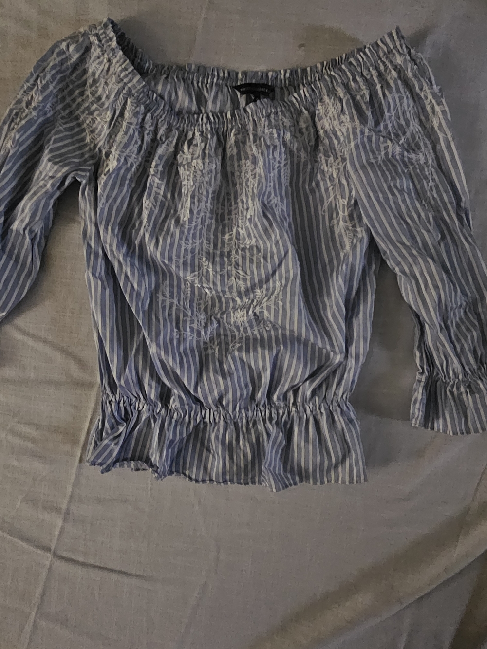 White House Black Market Blue and White Striped Off-Shoulder Top